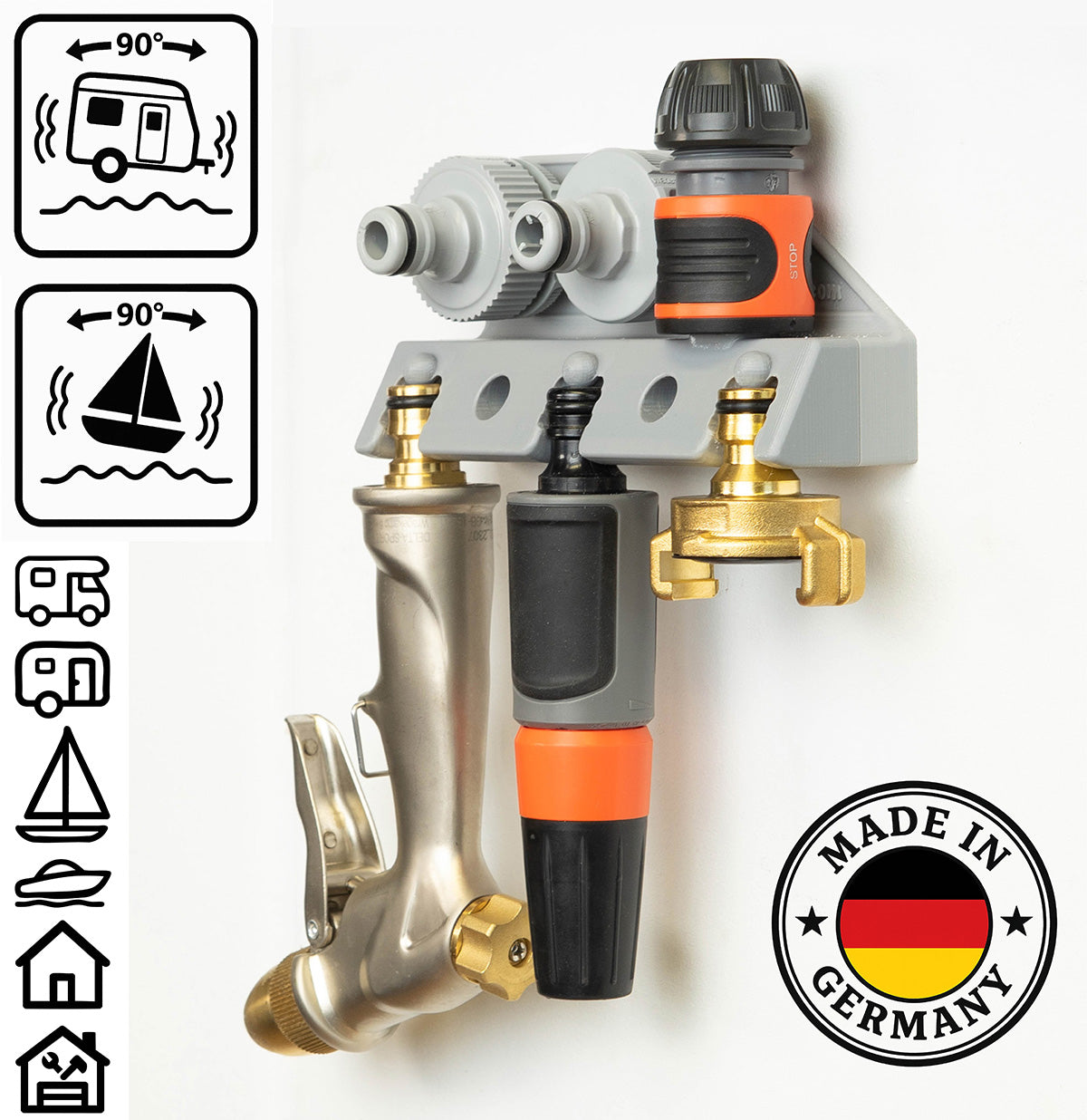 Wall-mounted hose accessory holder with quick-connect couplings – workshop overview