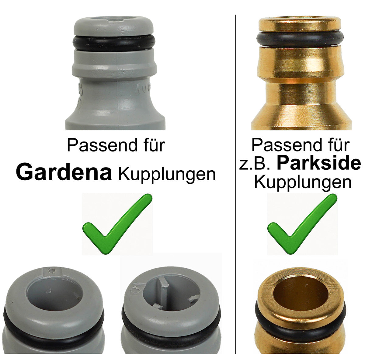 Gardena-compatible quick-connect couplings and water tap adapters stored in wall-mounted holder