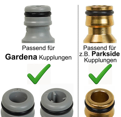 Gardena-compatible quick-connect couplings and water tap adapters stored in wall-mounted holder